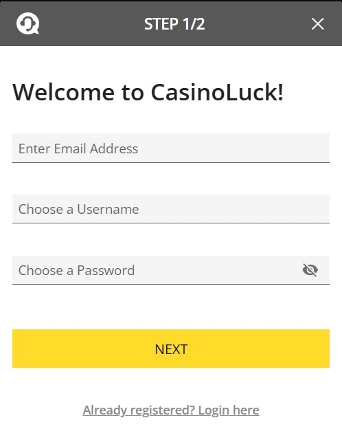 Luck Casino account registration step one